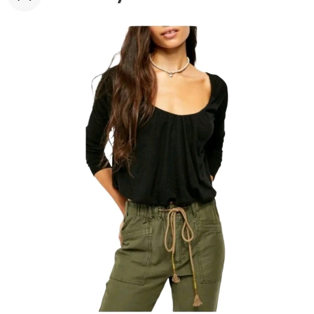 Free People Black Long Sleeve Thermal Crop Top Size Small